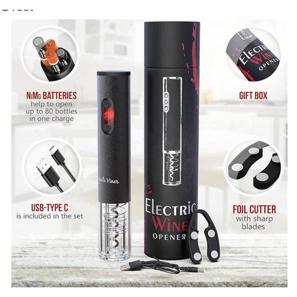 Electric Wine Opener w Charger & Batteries Wine Lover Gift Uncle Viner NEW - Picture 2 of 10